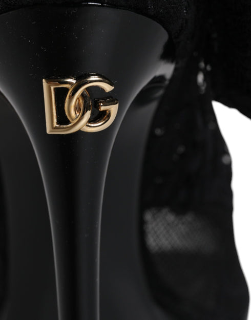 Dolce & Gabbana Black Stretch Taormina Lace Boots | Women’s Peep Toe Sock Heels