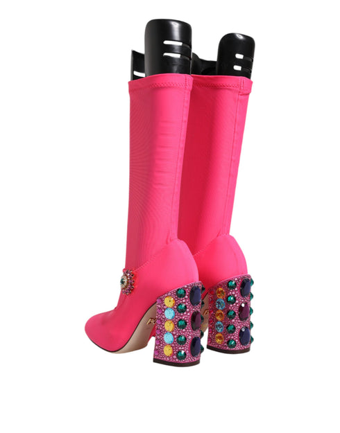 Dolce & Gabbana Vally High Boots Pink Nylon Crystal Embellished Women’s Shoes