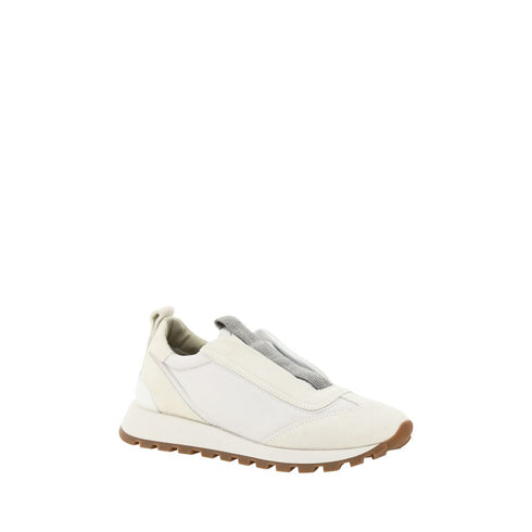 Brunello Cucinelli Slip-On Suede Nylon Sneakers Shoes in White Beige Leather