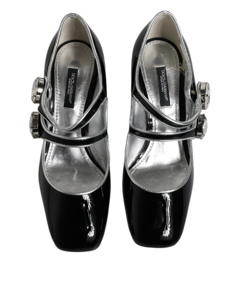 Dolce & Gabbana Crystal Mary Jane Pumps – Black Patent Leather Block Heel Shoes for Women