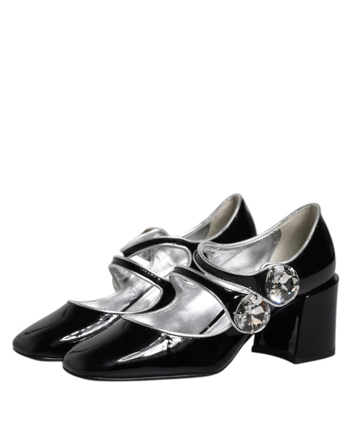 Dolce & Gabbana Crystal Mary Jane Pumps – Black Patent Leather Block Heel Shoes for Women