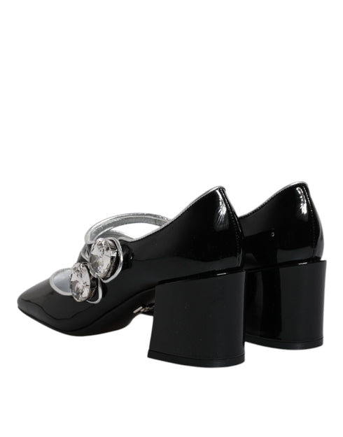 Dolce & Gabbana Crystal Mary Jane Pumps – Black Patent Leather Block Heel Shoes for Women