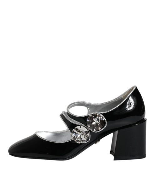 Dolce & Gabbana Crystal Mary Jane Pumps – Black Patent Leather Block Heel Shoes for Women