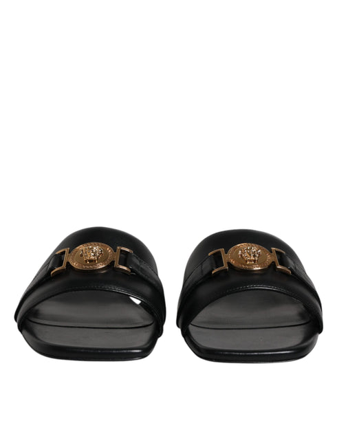 Versace Black Leather Logo Plaque Slide Sandals - Women’s Flats