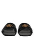 Versace Black Leather Logo Plaque Slide Sandals - Women’s Flats
