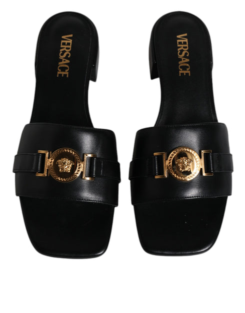 Versace Black Leather Logo Plaque Slide Sandals - Women’s Flats
