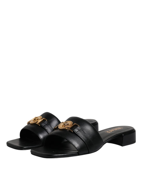 Versace Black Leather Logo Plaque Slide Sandals - Women’s Flats