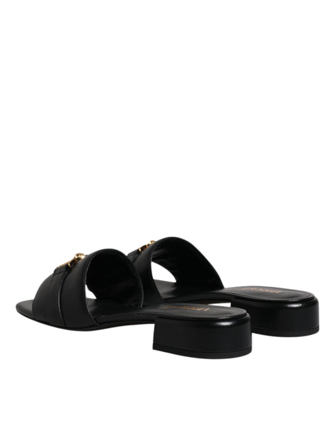 Versace Black Leather Logo Plaque Slide Sandals - Women’s Flats