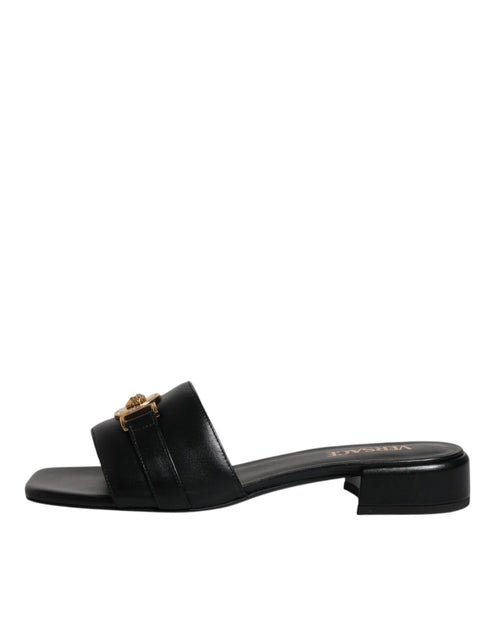 Versace Black Leather Logo Plaque Slide Sandals - Women’s Flats