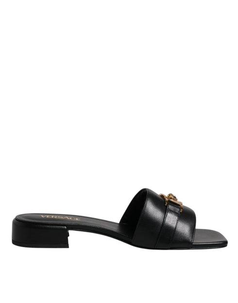 Versace Black Leather Logo Plaque Slide Sandals - Women’s Flats