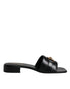 Versace Black Leather Logo Plaque Slide Sandals - Women’s Flats