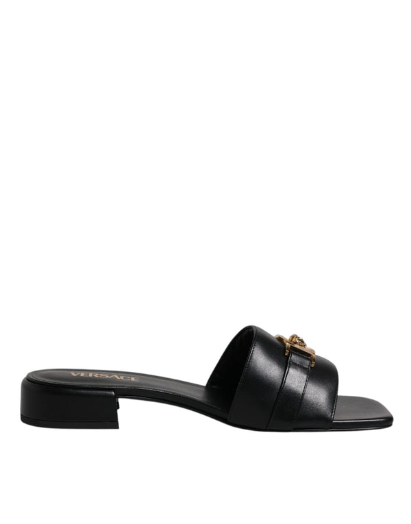 Versace Black Leather Logo Plaque Slide Sandals - Women’s Flats