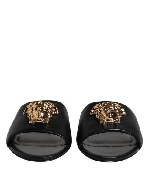 Versace Black Leather Logo Plaque Slides – Women’s Slip-On Flat Sandals with Gold Detail