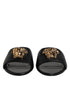 Versace Black Leather Logo Plaque Slides – Women’s Slip-On Flat Sandals with Gold Detail