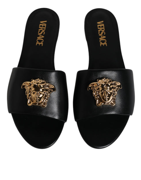 Versace Black Leather Logo Plaque Slides – Women’s Slip-On Flat Sandals with Gold Detail