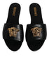 Versace Black Leather Logo Plaque Slides – Women’s Slip-On Flat Sandals with Gold Detail
