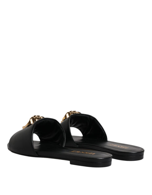 Versace Black Leather Logo Plaque Slides – Women’s Slip-On Flat Sandals with Gold Detail