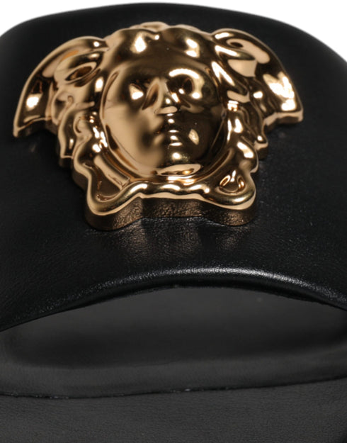 Versace Black Leather Logo Plaque Slides – Women’s Slip-On Flat Sandals with Gold Detail