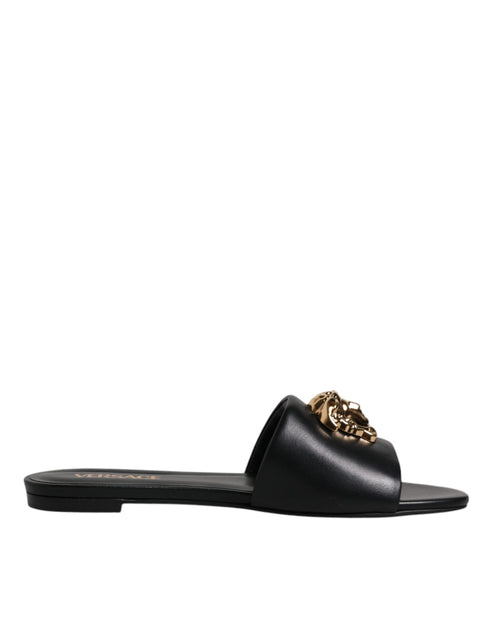 Versace Black Leather Logo Plaque Slides – Women’s Slip-On Flat Sandals with Gold Detail