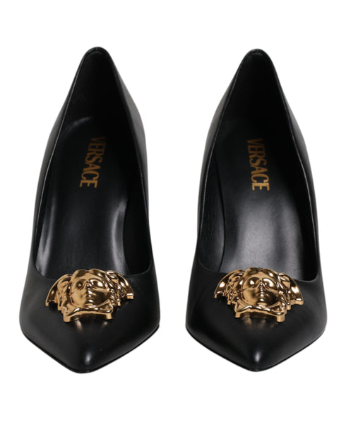 Versace Medusa Black Leather Pumps – Pointed Toe Gold Logo High Heels for Women