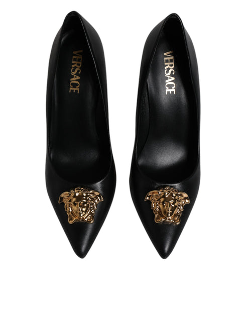 Versace Medusa Black Leather Pumps – Pointed Toe Gold Logo High Heels for Women