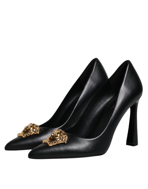 Versace Medusa Black Leather Pumps – Pointed Toe Gold Logo High Heels for Women