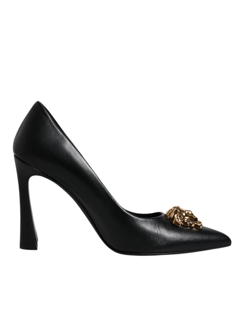 Versace Medusa Black Leather Pumps – Pointed Toe Gold Logo High Heels for Women