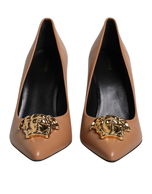 Versace Medusa Brown Leather Pumps – Pointed Toe Gold Logo High Heels Shoes for Women
