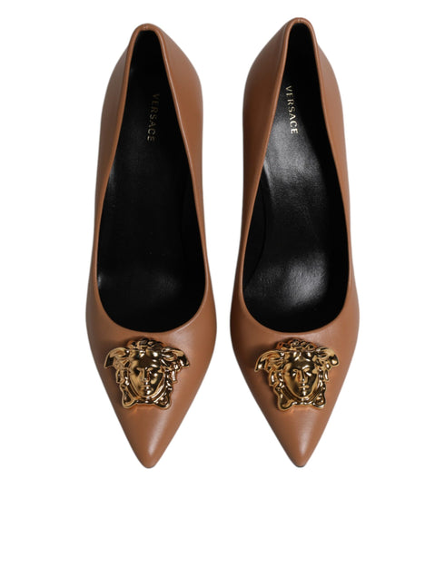 Versace Medusa Brown Leather Pumps – Pointed Toe Gold Logo High Heels Shoes for Women
