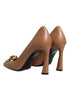 Versace Medusa Brown Leather Pumps – Pointed Toe Gold Logo High Heels Shoes for Women