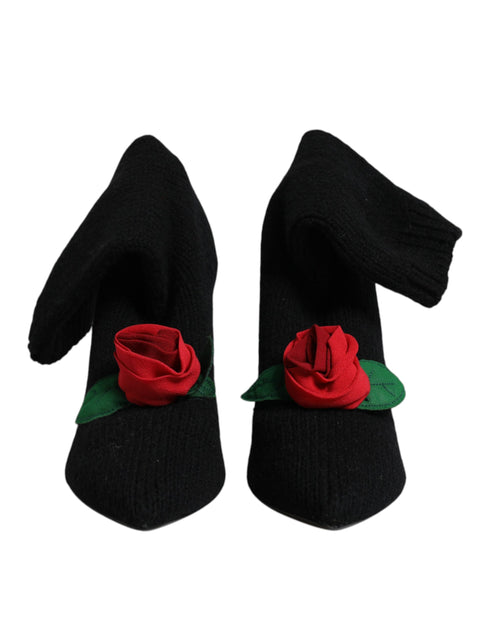 Dolce & Gabbana Black Mid-Calf Stiletto Heels Boots – Stretch Fabric with Rose Detail - Women’s