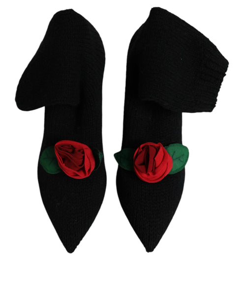 Dolce & Gabbana Black Mid-Calf Stiletto Heels Boots – Stretch Fabric with Rose Detail - Women’s