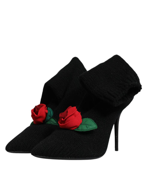 Dolce & Gabbana Black Mid-Calf Stiletto Heels Boots – Stretch Fabric with Rose Detail - Women’s