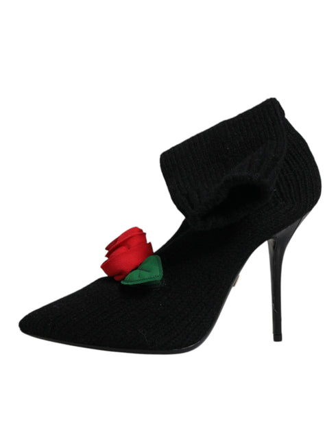 Dolce & Gabbana Black Mid-Calf Stiletto Heels Boots – Stretch Fabric with Rose Detail - Women’s