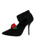 Dolce & Gabbana Black Mid-Calf Stiletto Heels Boots – Stretch Fabric with Rose Detail - Women’s