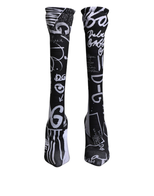 Dolce & Gabbana Black White Logo Stretch Sock High Heel Boots – Women's Shoes