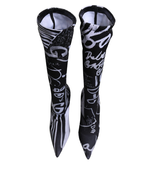 Dolce & Gabbana Black White Logo Stretch Sock High Heel Boots – Women's Shoes