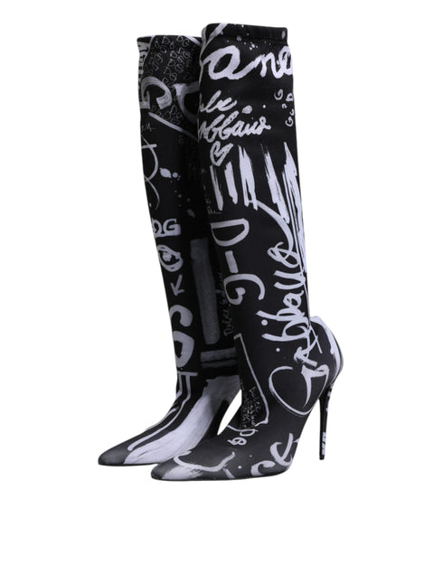 Dolce & Gabbana Black White Logo Stretch Sock High Heel Boots – Women's Shoes