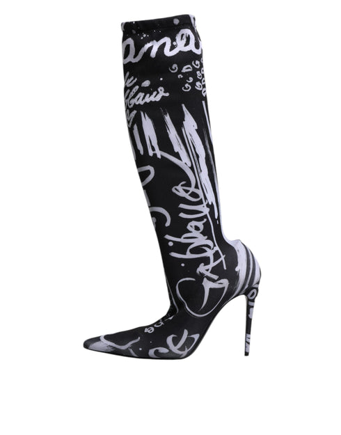 Dolce & Gabbana Black White Logo Stretch Sock High Heel Boots – Women's Shoes