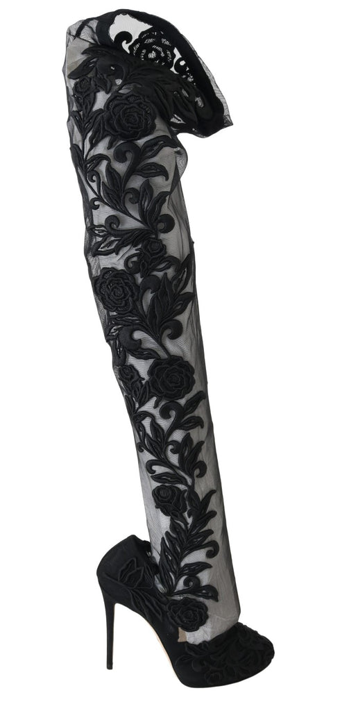 Dolce & Gabbana Black Floral Embroidered Over-the-Knee Socks Boots – Women's High Heel Shoes