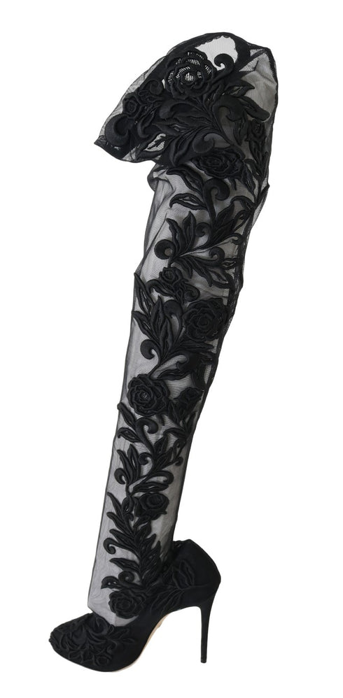 Dolce & Gabbana Black Floral Embroidered Over-the-Knee Socks Boots – Women's High Heel Shoes