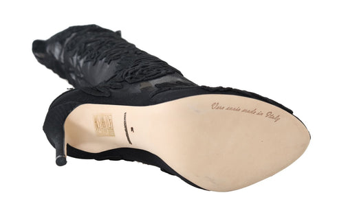 Dolce & Gabbana Black Floral Embroidered Over-the-Knee Socks Boots – Women's High Heel Shoes