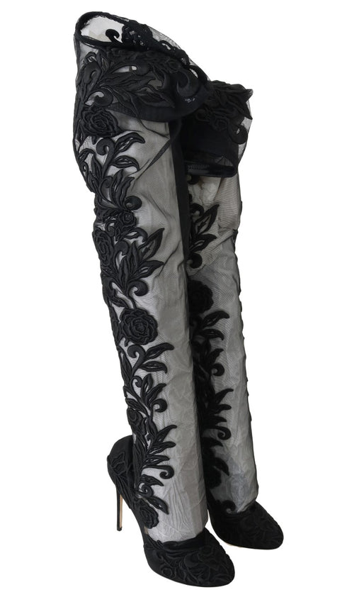Dolce & Gabbana Black Floral Embroidered Over-the-Knee Socks Boots – Women's High Heel Shoes