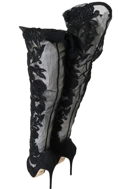 Dolce & Gabbana Black Floral Embroidered Over-the-Knee Socks Boots – Women's High Heel Shoes