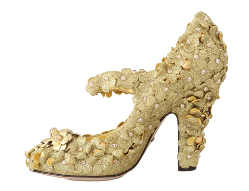 Dolce & Gabbana Mary Janes Gold Floral Crystal Cotton Leather Pumps - Women’s