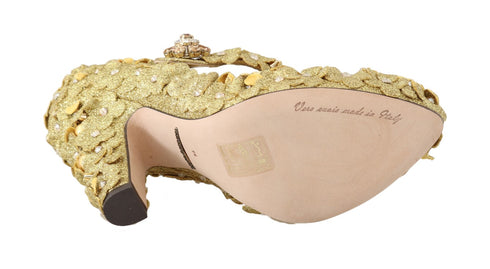 Dolce & Gabbana Mary Janes Gold Floral Crystal Cotton Leather Pumps - Women’s