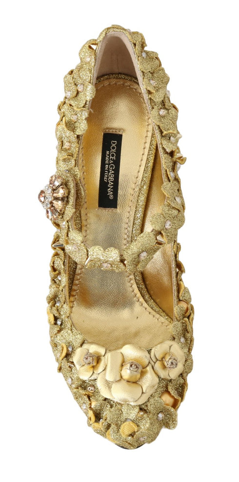 Dolce & Gabbana Mary Janes Gold Floral Crystal Cotton Leather Pumps - Women’s