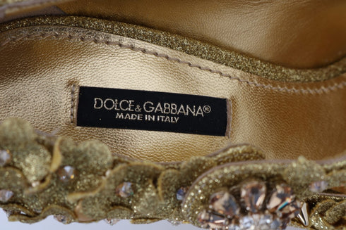 Dolce & Gabbana Mary Janes Gold Floral Crystal Cotton Leather Pumps - Women’s