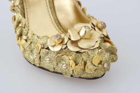 Dolce & Gabbana Mary Janes Gold Floral Crystal Cotton Leather Pumps - Women’s