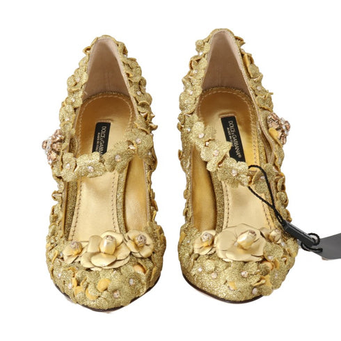 Dolce & Gabbana Mary Janes Gold Floral Crystal Cotton Leather Pumps - Women’s